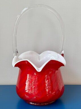Vintage Fenton Cadmium Glow Spiral Optic Art Glass Basket - 10"T